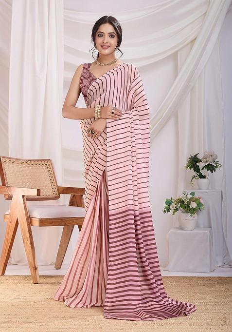 Pink Embroidered Blended Saree Set