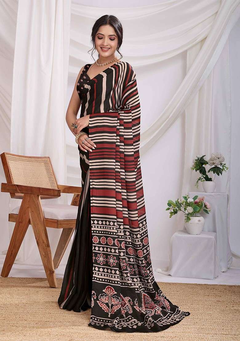 Red Embroidered Blended Saree Set - Indya