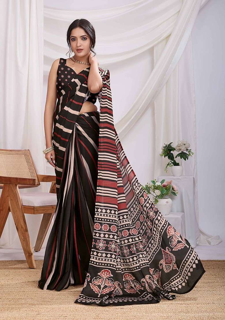 Red Embroidered Blended Saree Set - Indya