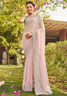 Pink Embellished Blended Saree Set