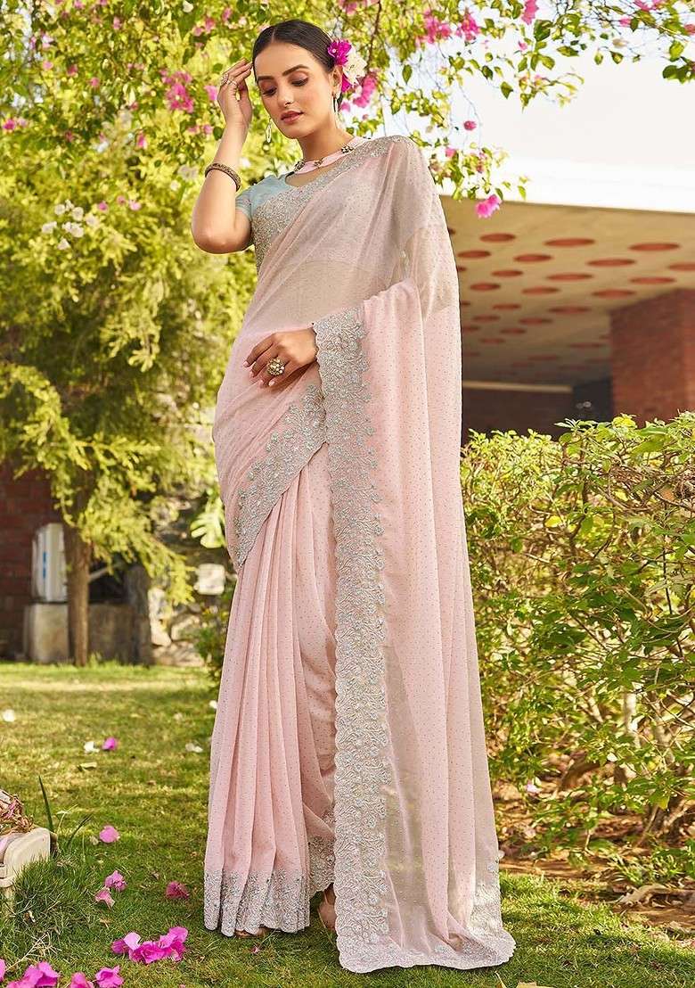 Pink Embellished Blended Saree Set - Indya