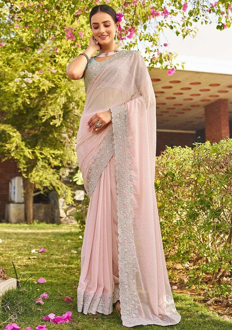 Pink Embellished Blended Saree Set - Indya