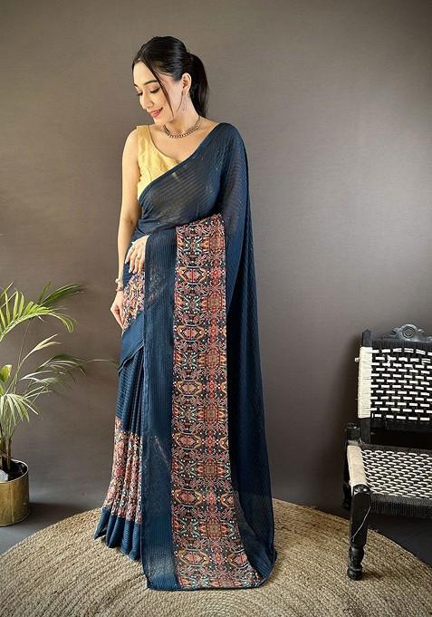 Blue Embellished Blended Saree Set