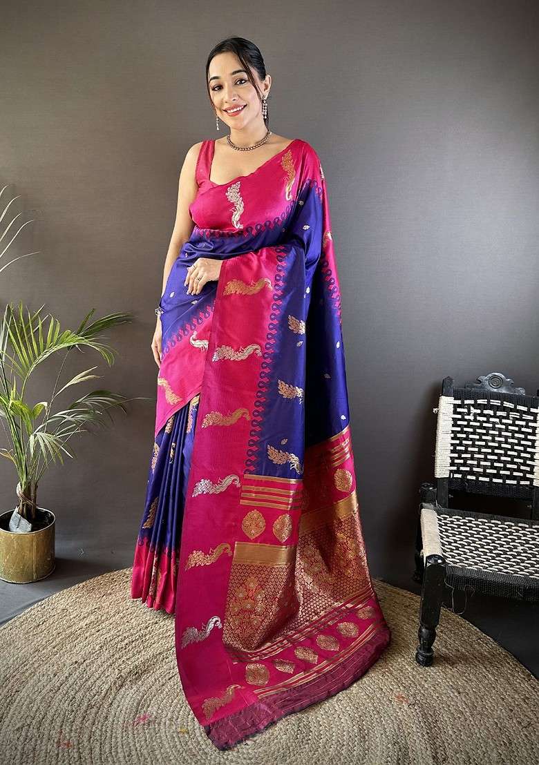 Blue Blended Saree Set with Embroidered for Diwali | Wedding & Festive Wear - Indya