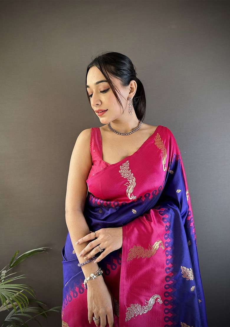 Blue Blended Saree Set with Embroidered for Diwali | Wedding & Festive Wear - Indya