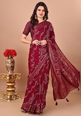 Maroon Printed Blended Saree Set