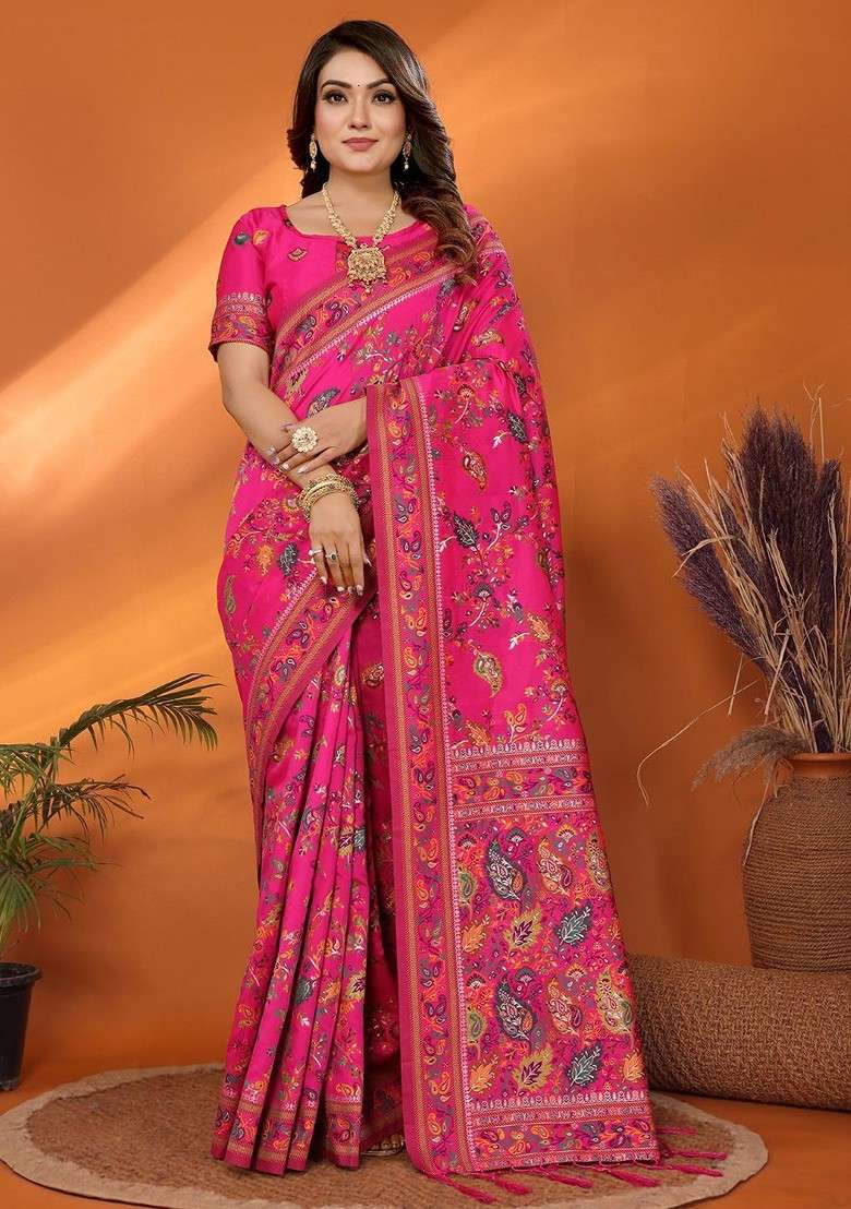 Pink Embroidered Blended Saree Set for Diwali and Festive Wear - Indya