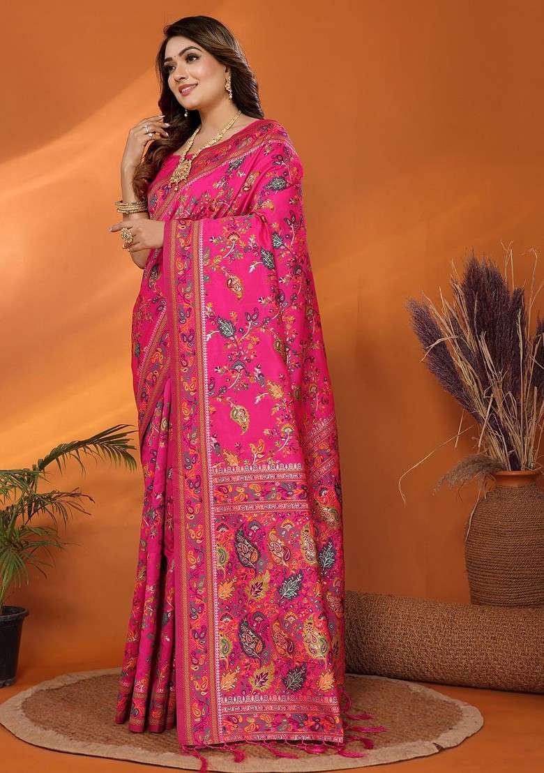 Pink Embroidered Blended Saree Set for Diwali and Festive Wear - Indya