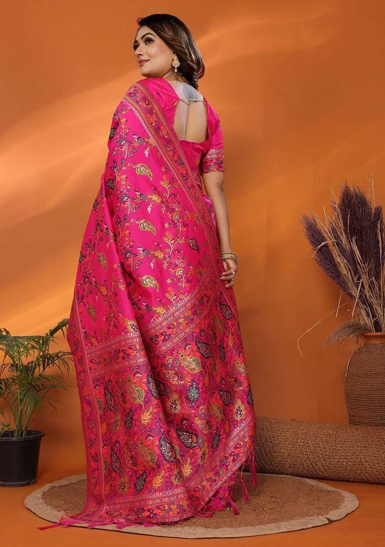 Pink Embroidered Blended Saree Set for Diwali and Festive Wear - Indya