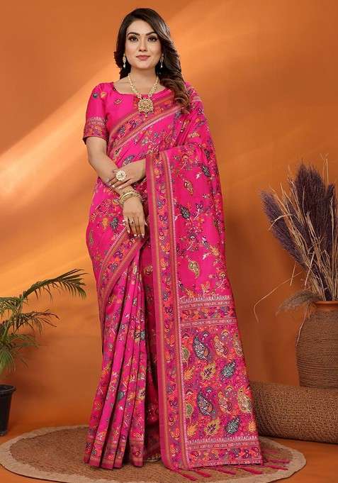Pink Embroidered Blended Saree Set for Diwali and Festive Wear