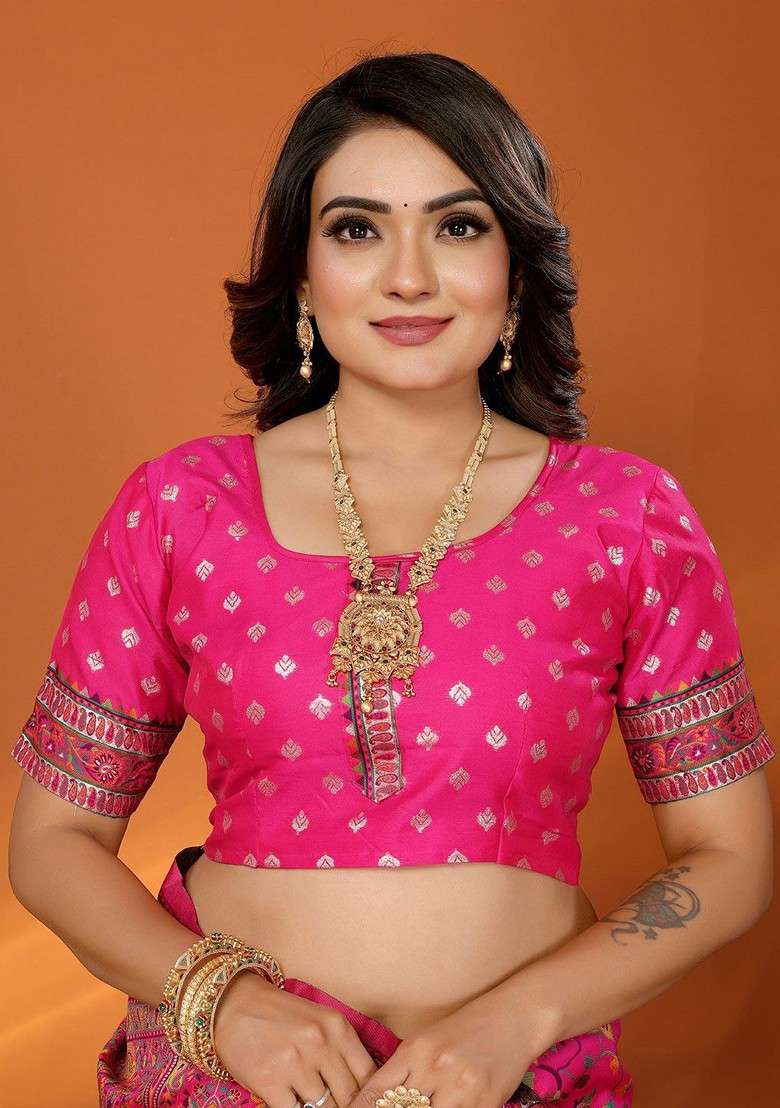 Pink Blended Saree Set with Embroidered for Diwali | Wedding & Festive Wear - Indya