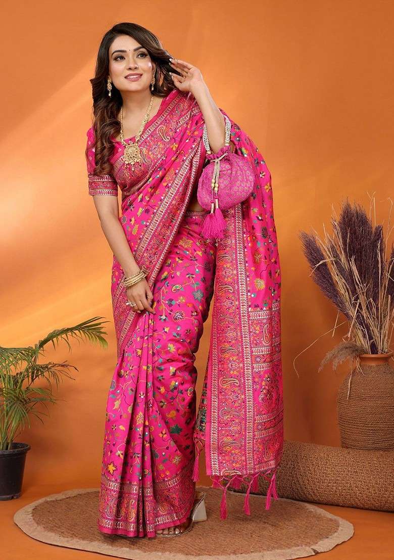 Pink Blended Saree Set with Embroidered for Diwali | Wedding & Festive Wear - Indya