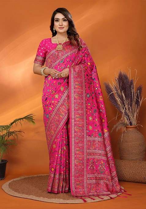 Pink Blended Saree Set with Embroidered for Diwali | Wedding & Festive Wear
