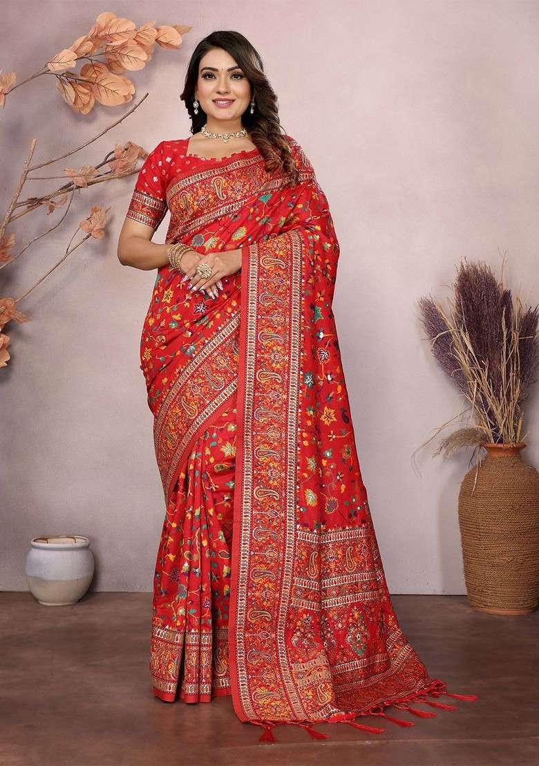 Red Blended Saree Set with Embroidered for Diwali | Wedding & Festive Wear - Indya