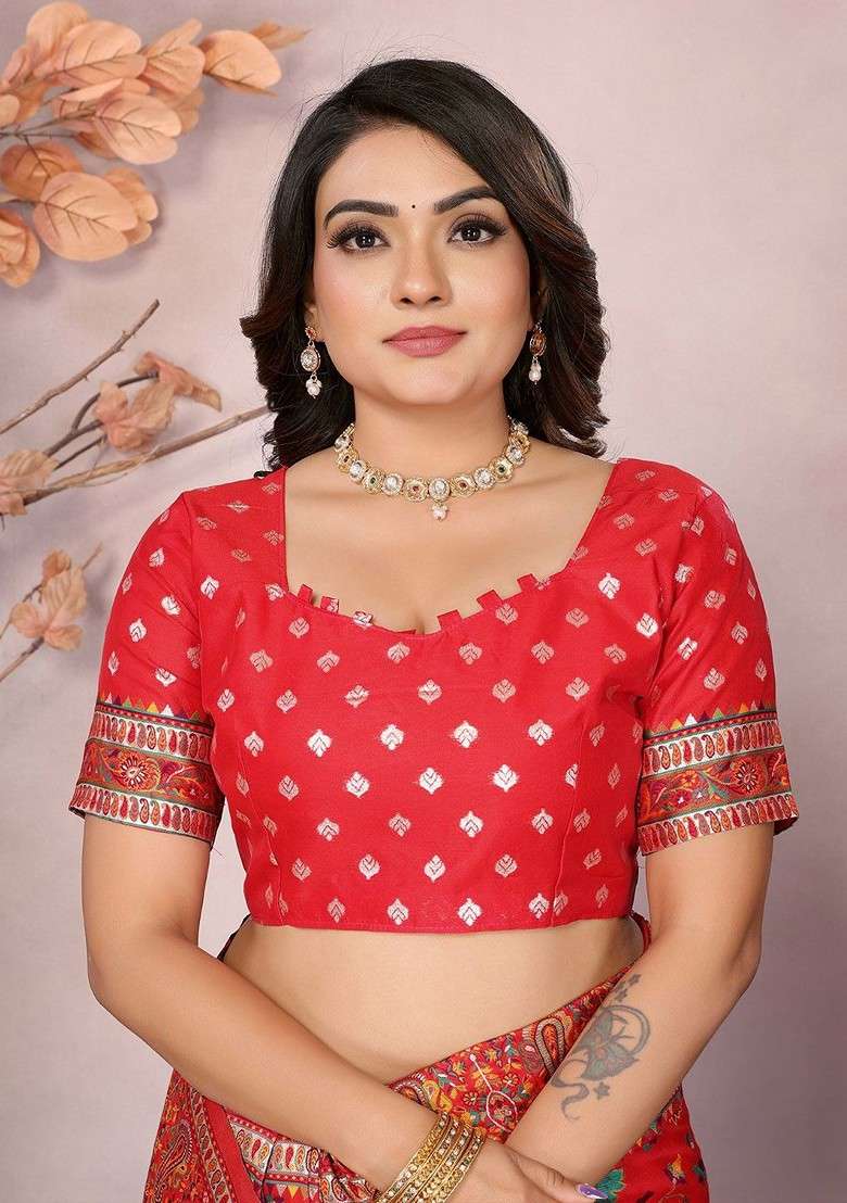Red Blended Saree Set with Embroidered for Diwali | Wedding & Festive Wear - Indya