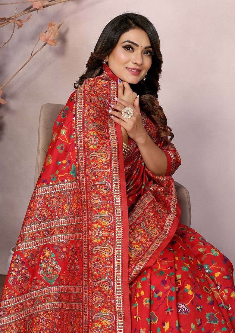 Red Blended Saree Set with Embroidered for Diwali | Wedding & Festive Wear - Indya