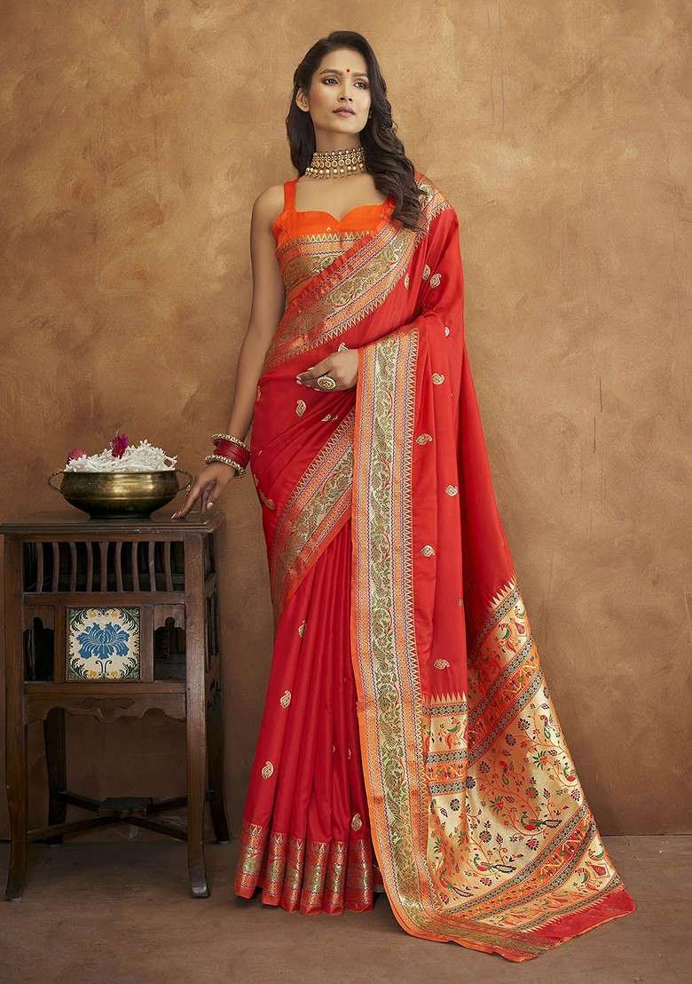 Red Embroidered Blended Saree Set - Indya