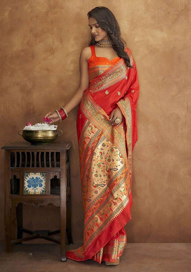 Red Embroidered Blended Saree Set - Indya