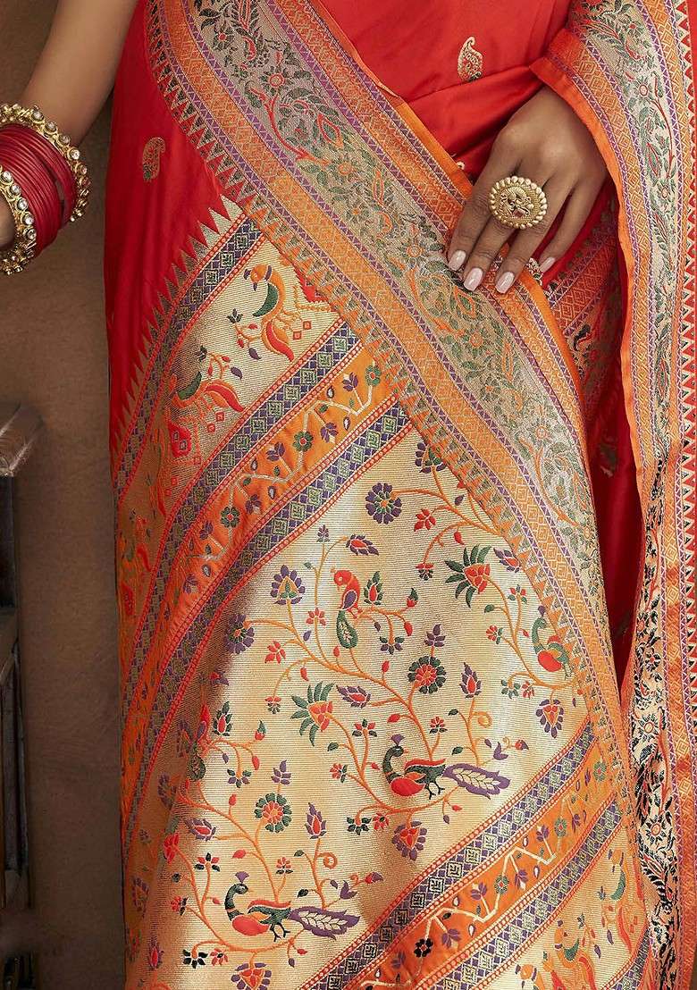 Red Embroidered Blended Saree Set - Indya