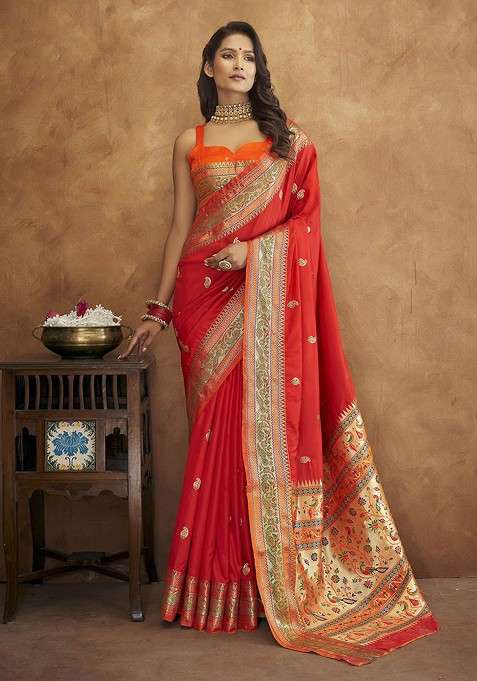 Red Embroidered Blended Saree Set