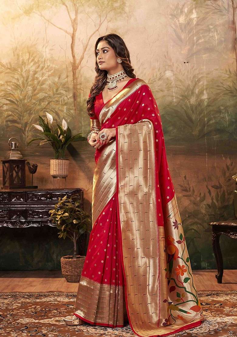 Magenta Embroidered Blended Saree Set - Indya