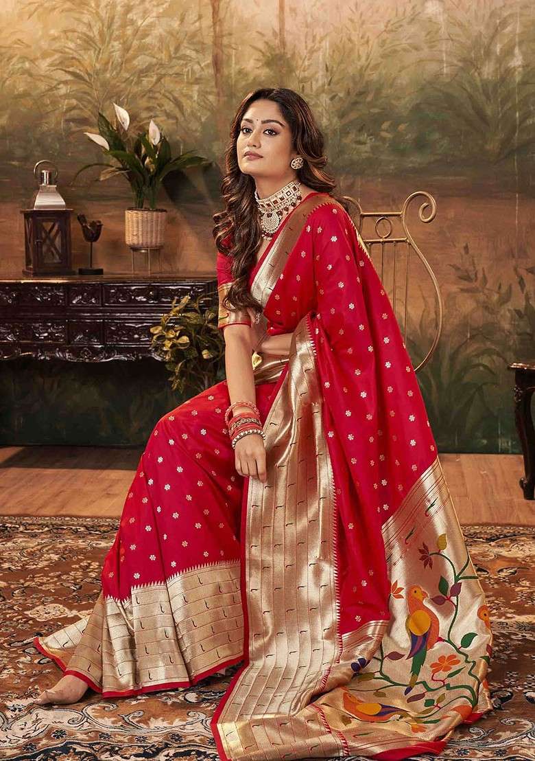 Magenta Embroidered Blended Saree Set - Indya