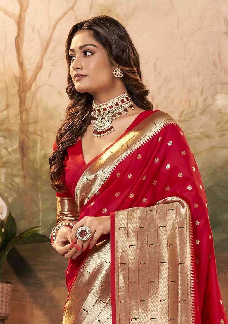 Magenta Embroidered Blended Saree Set - Indya