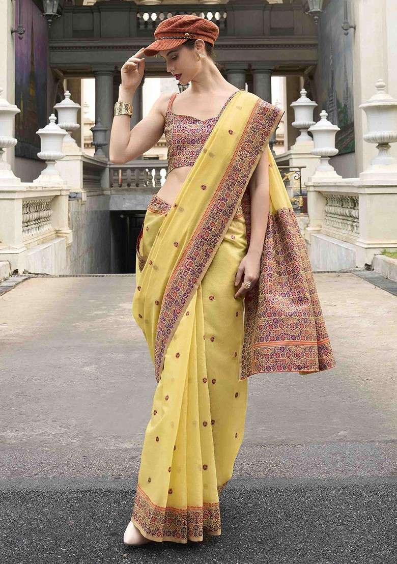 Lime Green Embroidered Blended Saree Set - Indya
