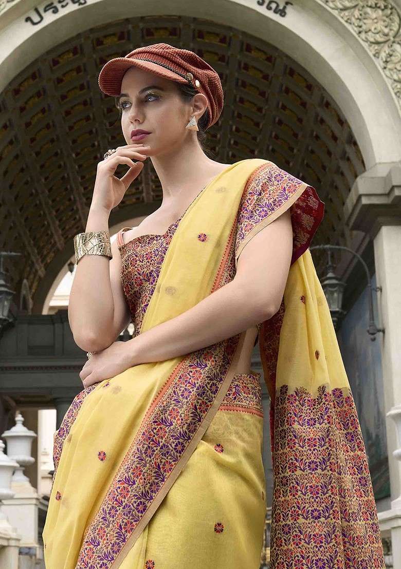 Lime Green Embroidered Blended Saree Set - Indya