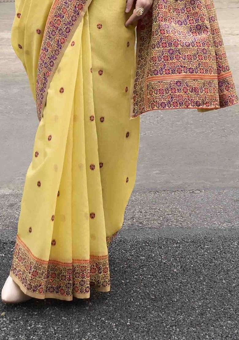 Lime Green Embroidered Blended Saree Set - Indya