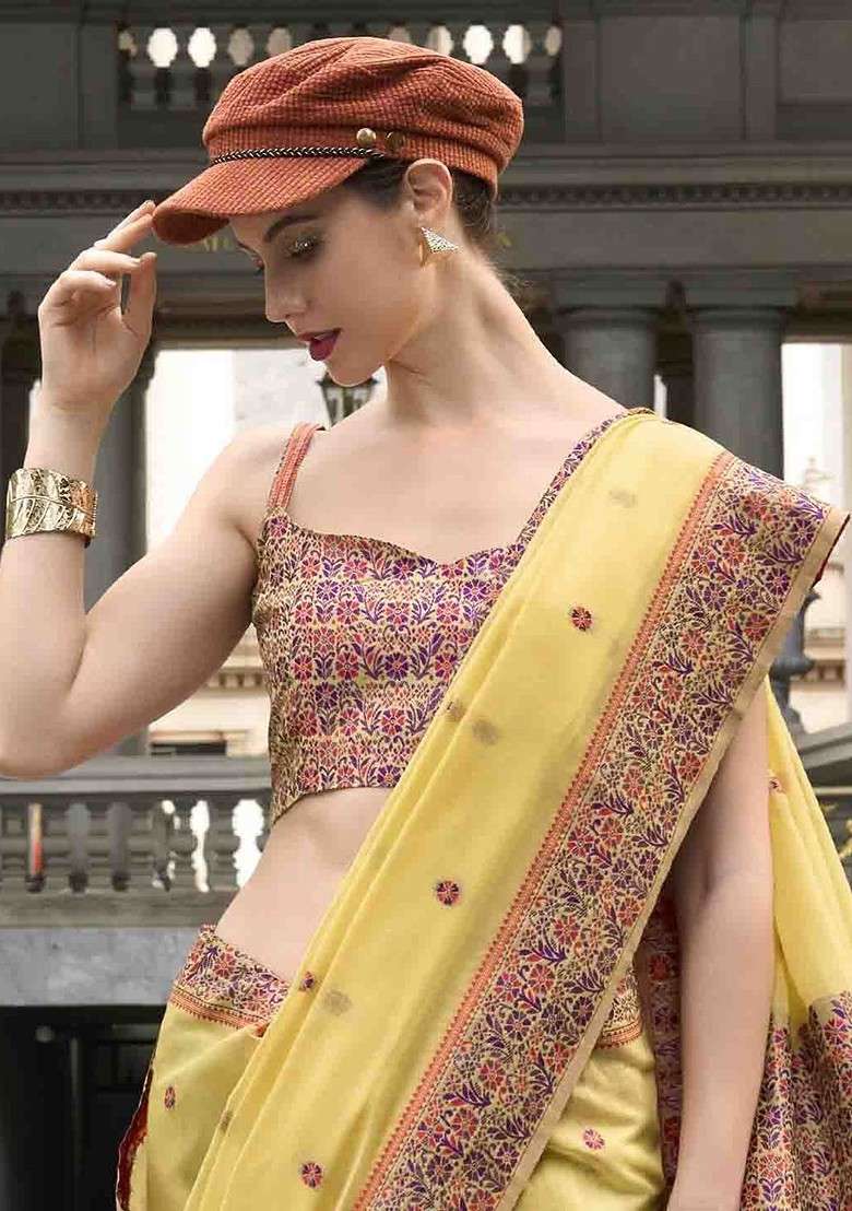 Lime Green Embroidered Blended Saree Set - Indya