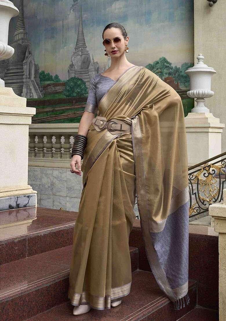Khaki Embroidered Blended Saree Set - Indya