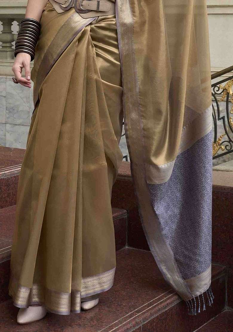 Khaki Embroidered Blended Saree Set - Indya