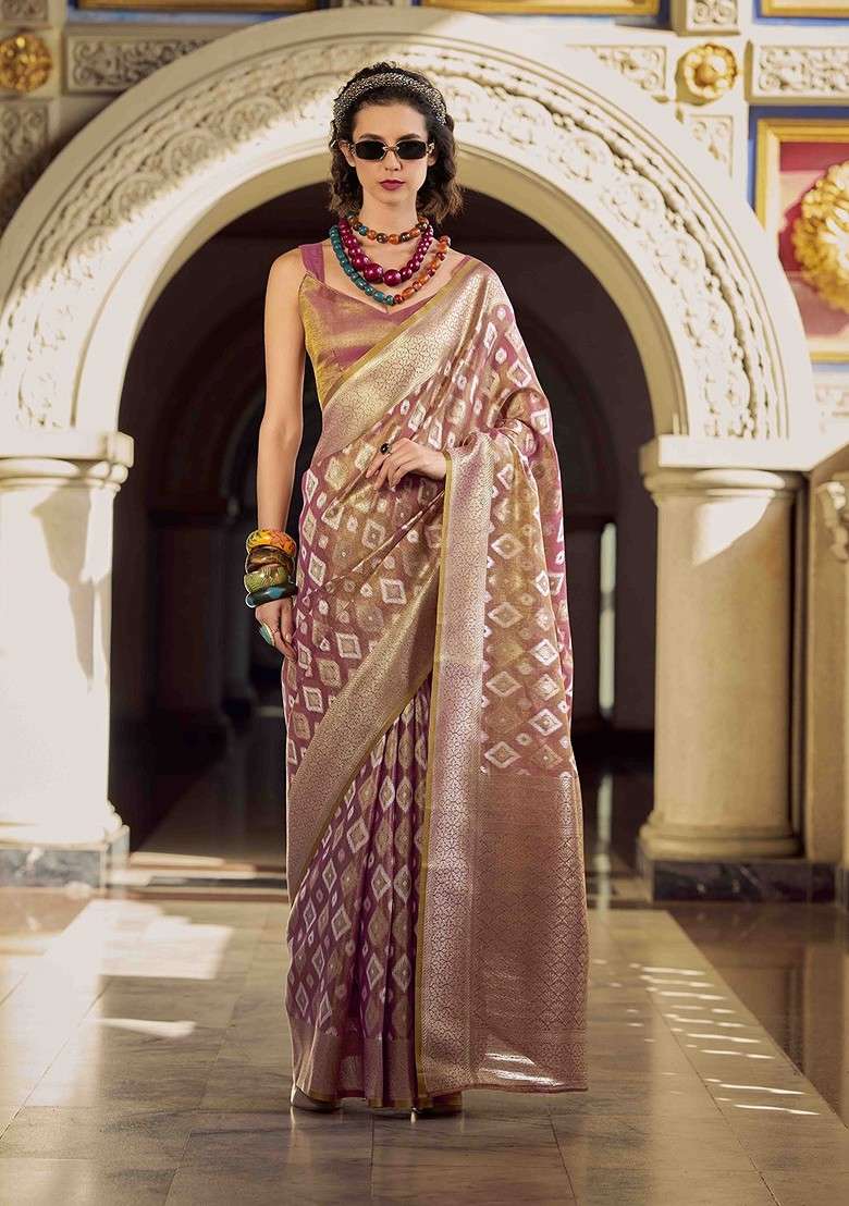 Mauve Embroidered Blended Saree Set - Indya