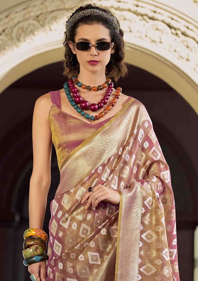 Mauve Embroidered Blended Saree Set - Indya
