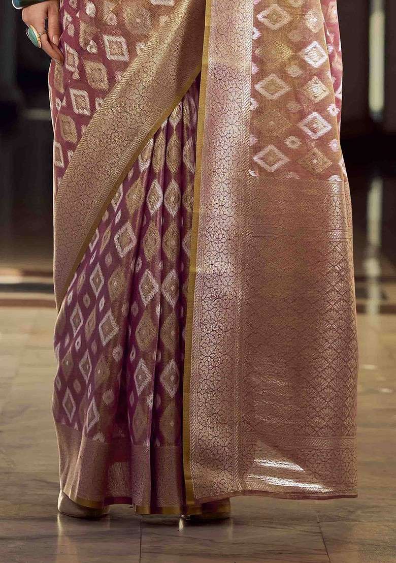 Mauve Embroidered Blended Saree Set - Indya