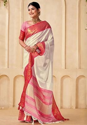 Off White Embroidered Blended Saree Set