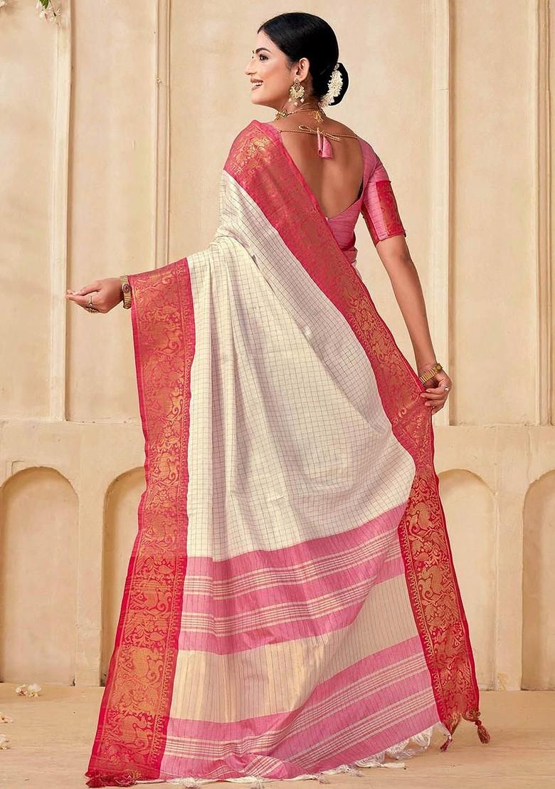 Off White Embroidered Blended Saree Set - Indya