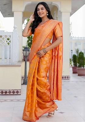 Mustard Embroidered Blended Saree Set