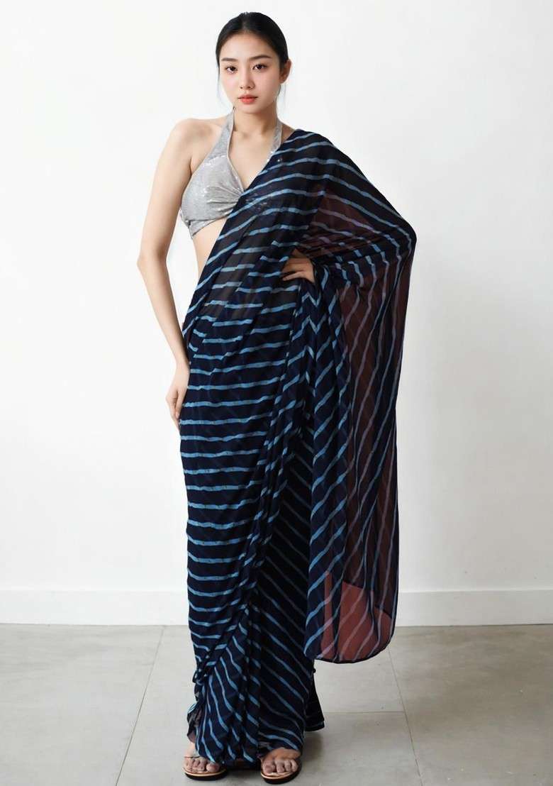 Navy Blue Embroidered Blended Saree Set - Indya