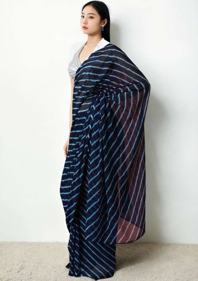 Navy Blue Embroidered Blended Saree Set - Indya