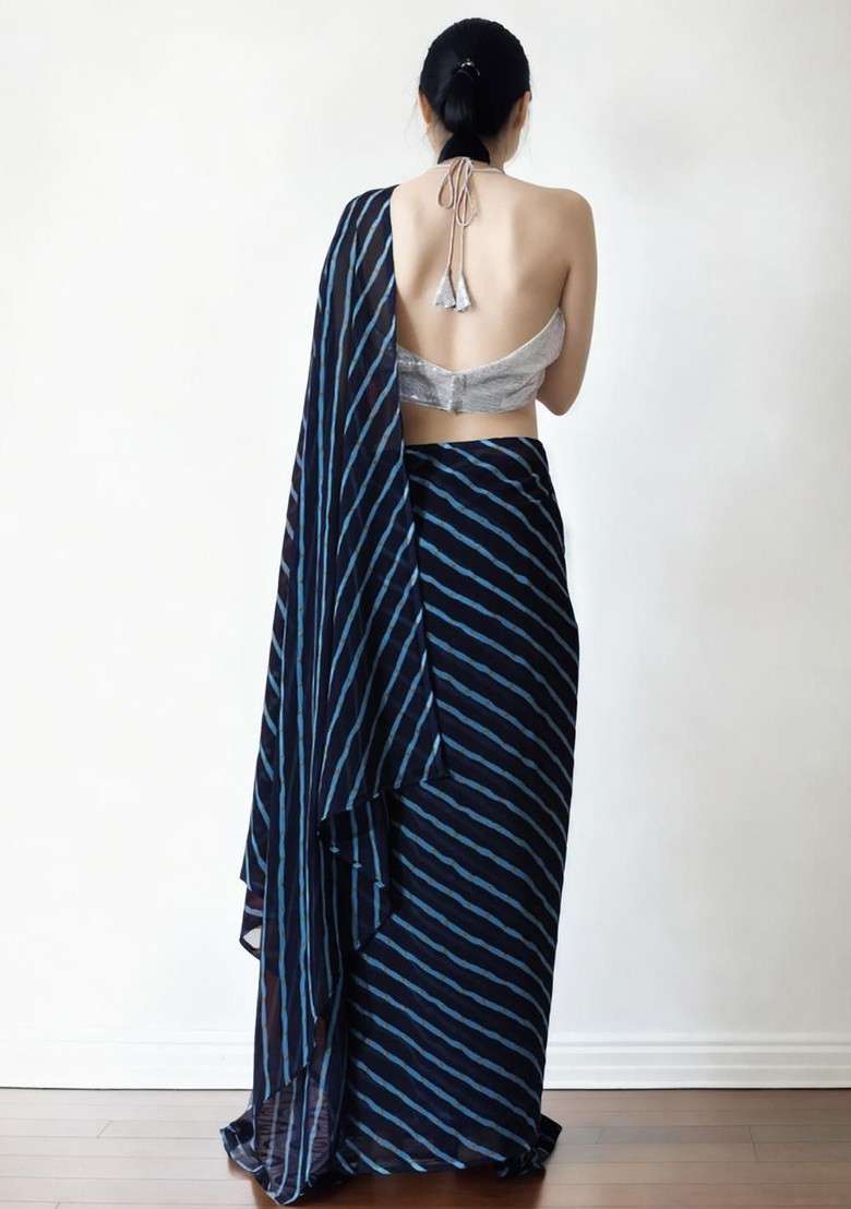 Navy Blue Embroidered Blended Saree Set - Indya