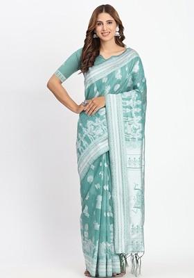Sea Green Embroidered Blended Saree Set