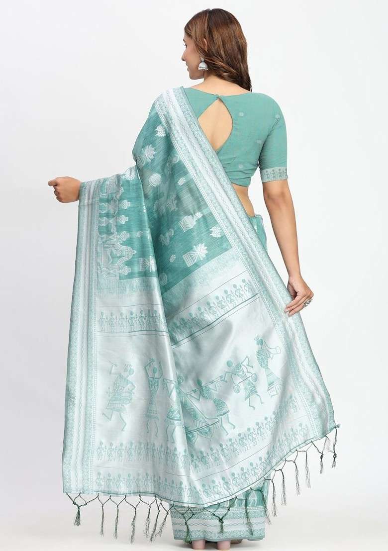 Sea Green Embroidered Blended Saree Set - Indya