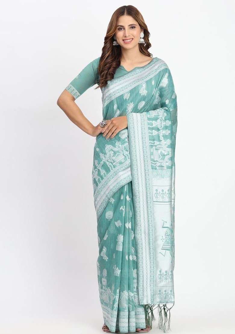 Sea Green Embroidered Blended Saree Set - Indya
