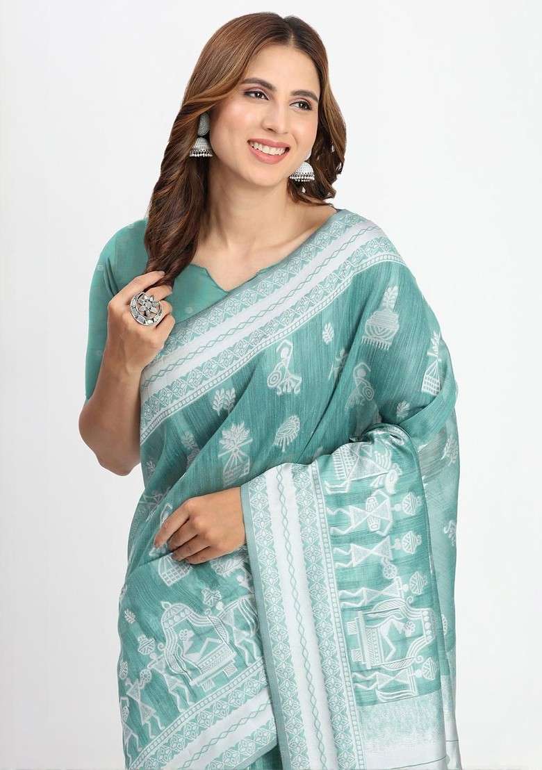 Sea Green Embroidered Blended Saree Set - Indya