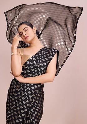 Black Embroidered Blended Saree Set