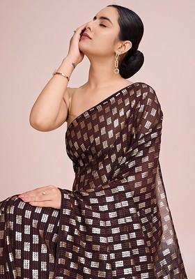 Coffee Brown Embroidered Blended Saree Set
