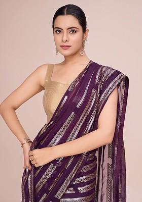 Purple Sequin Embellished Blended Saree Set