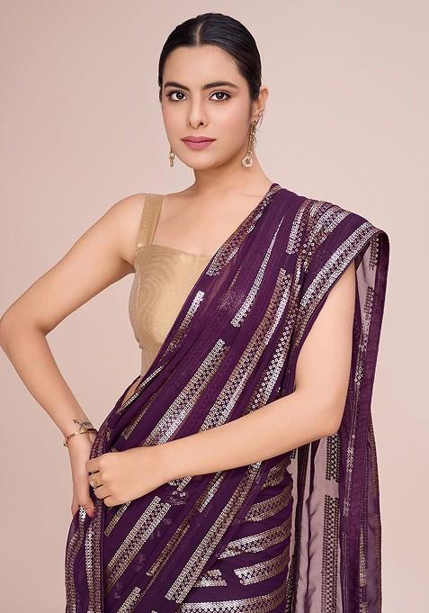 Purple Sequin Embellished Blended Saree Set